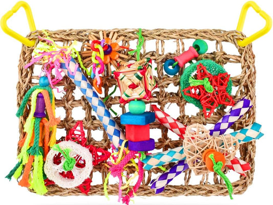 Bird Toys, Bird Foraging Wall Toy, Edible Seagrass Woven Climbing Hammock Mat with Colorful Chewing Toys, Suitable for Lovebirds, Finch, Parakeets, Budgerigars, Conure, Cockatiel