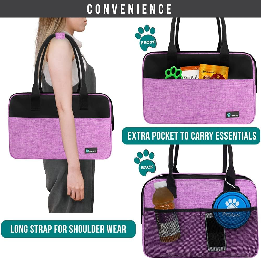 Dog Purse Carrier for Small Dogs, Airline Approved Soft Sided Pet Carrier with Pockets, Ventilated Dog Carrying Bag for Puppy Cat, Dog Travel Supplies Bag, Sherpa Bed, Max 12 Lbs, Purple