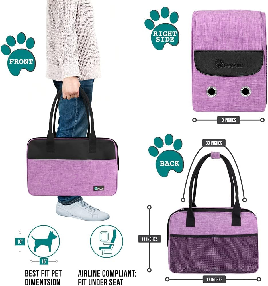 Dog Purse Carrier for Small Dogs, Airline Approved Soft Sided Pet Carrier with Pockets, Ventilated Dog Carrying Bag for Puppy Cat, Dog Travel Supplies Bag, Sherpa Bed, Max 12 Lbs, Purple