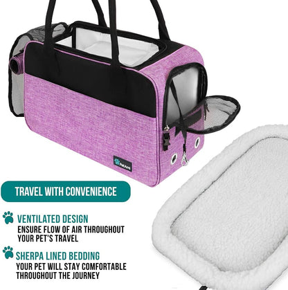 Dog Purse Carrier for Small Dogs, Airline Approved Soft Sided Pet Carrier with Pockets, Ventilated Dog Carrying Bag for Puppy Cat, Dog Travel Supplies Bag, Sherpa Bed, Max 12 Lbs, Purple