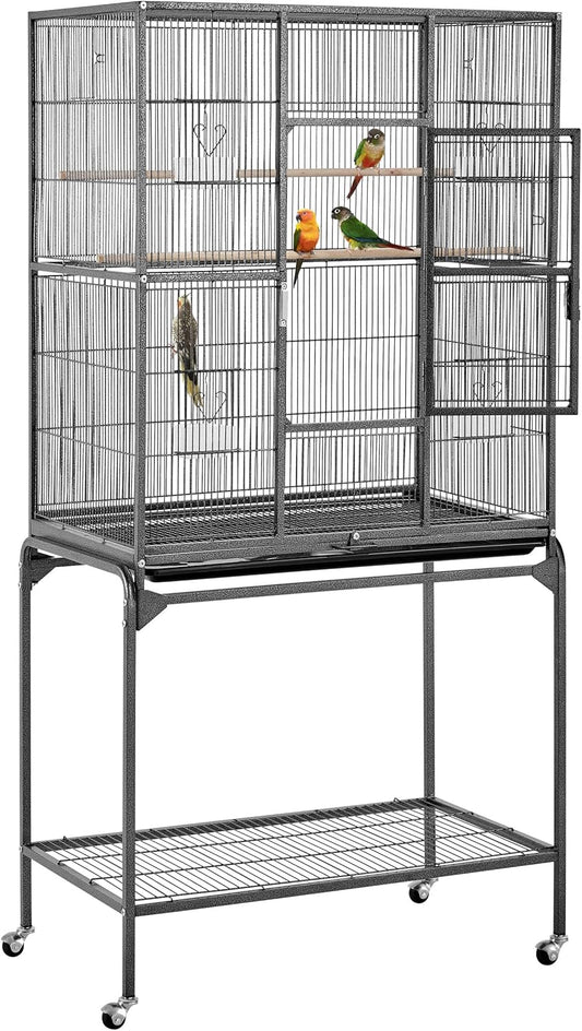 63-Inch Wrought Iron Rolling Large Bird Cage for African Grey Small Quaker Amazon Parrots Cockatiels Sun Parakeet Green Cheek Conure Lovebird Budgie Finch Canary Bird Flight Cage with Stand