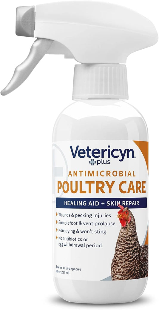 plus Poultry Care Spray | Healing Aid and Skin Repair for Chicken Wounds, Pecking Injuries, Bumblefoot, Vent Prolapses, and More. 8 Ounces
