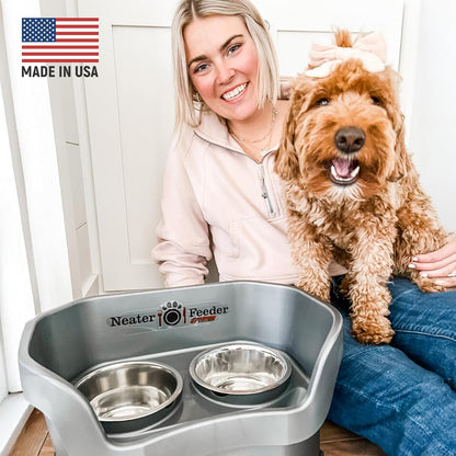 Neater Feeder Deluxe Mess Proof Dog Bowls Elevated for Medium Dogs 19-40 Lbs, Made in USA, No Spill Raised Dog Food Bowl Stand Feeding Station, Food and Water Bowl Set, Grey