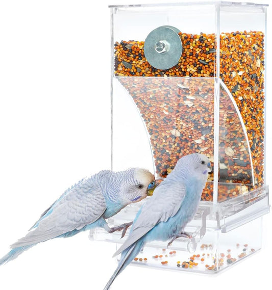 No Mess Bird Feeder Water Dispenser, Automatic Parrot Cage Accessories, Clear Parakeet Seed Container Food Drinker for Cockatiel, Finch, Lovebirds, Budgies, Canary